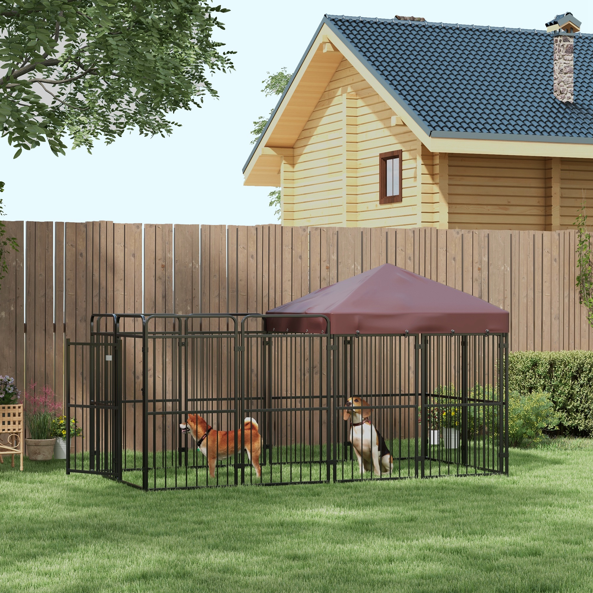 Pawhut Recinto per Cani da Esterno in Metallo con Tetto, 282x141x159cm, Marrone Aosom