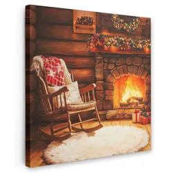 LEINWANDBILD Winter - Weihnachten - Zuhause - Kamin Wandbild Wohnzimmer 50x50 cm