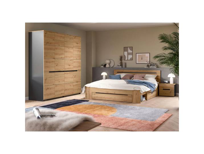 Livetastic Schlafzimmer, Grau, Eiche Artisan, 4-teilig, griffloses Öffnen,mit Schubkästen, Schlafzimmer, Schlafzimmer Komplett