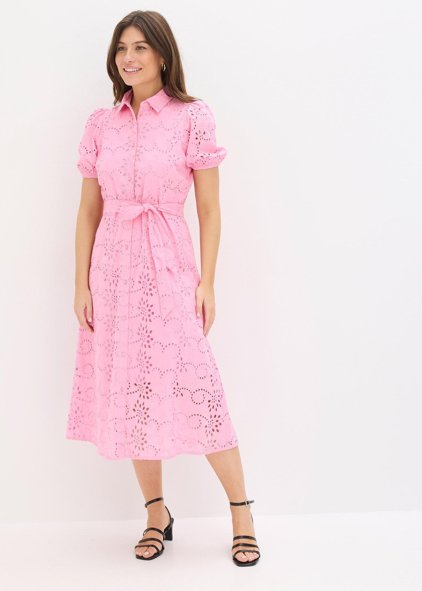 bonprix Blusenkleid aus reiner Baumwolle, rosa, Gr.44, feminines Lochstickerei-Blusenkleid aus reiner Baumwolle mit Bindeband an der Taille und Puffärmeln, aus 100% Baumwolle