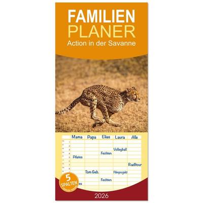 Familienplaner 2026 - Action in der Savanne mit 5 Spalten (Wandkalender, 21 x 45 cm) CALVENDO