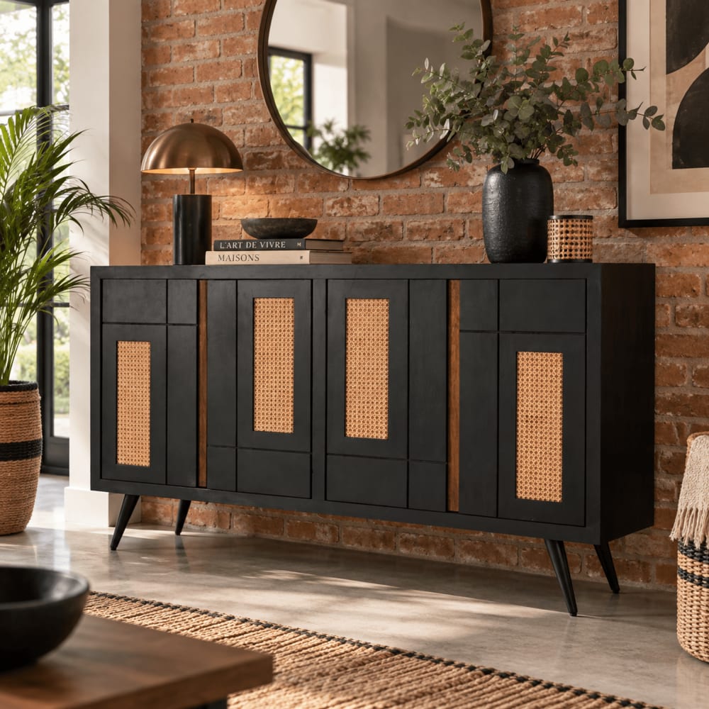 NIYLO Buffet en manguier et rotin noir 160x40x90 cm Noir 40x90x160cm