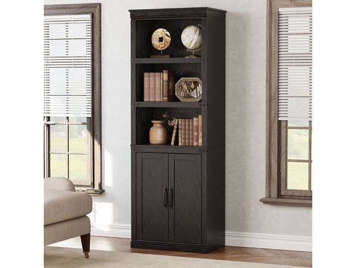 Etagère campagne américaine 5 niveaux 68 7  noir bois portes rangement salon bureau chambre