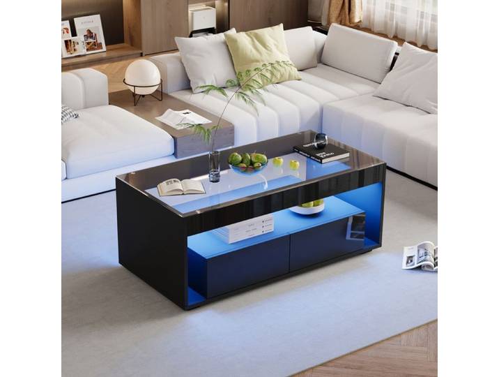 Table basse - Table basse salon LED - Éclairage LED 16 couleurs - 2 tiroirs - Finition laquée brillante noire