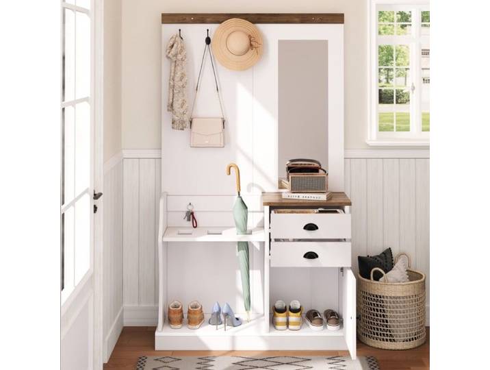 Armoire Dressing avec Miroir Porte-parapluie et Tiroirs Rangement Élégant Entrée Chambre