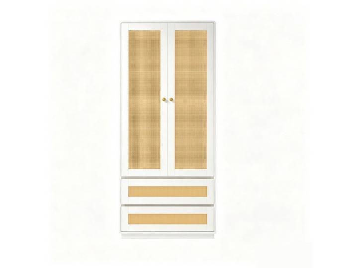 Armoire haute 70x55x170cm MDF blanc double porte rotin + rangement spacieux. Tiroirs inclus. Design moderne Chambre salon