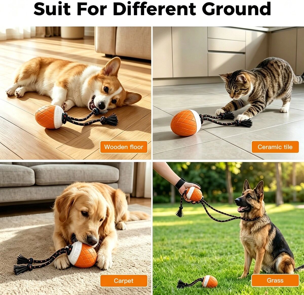 INF Interaktiver elektrischer Hundespielball mit automatischer Drehung, sanften Geräusch- und Lichteffekten und Zerrseil Orange