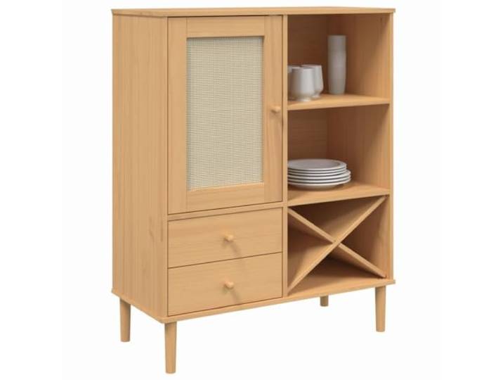 KTHLBRH Sideboard Senja Rattanoptik braun 90 x 40 x 112 cm Massives Kiefernholz, UV-Lack, 2 Schubladen, großer Stauraum, Holzgriffe, Montage erforderlich
