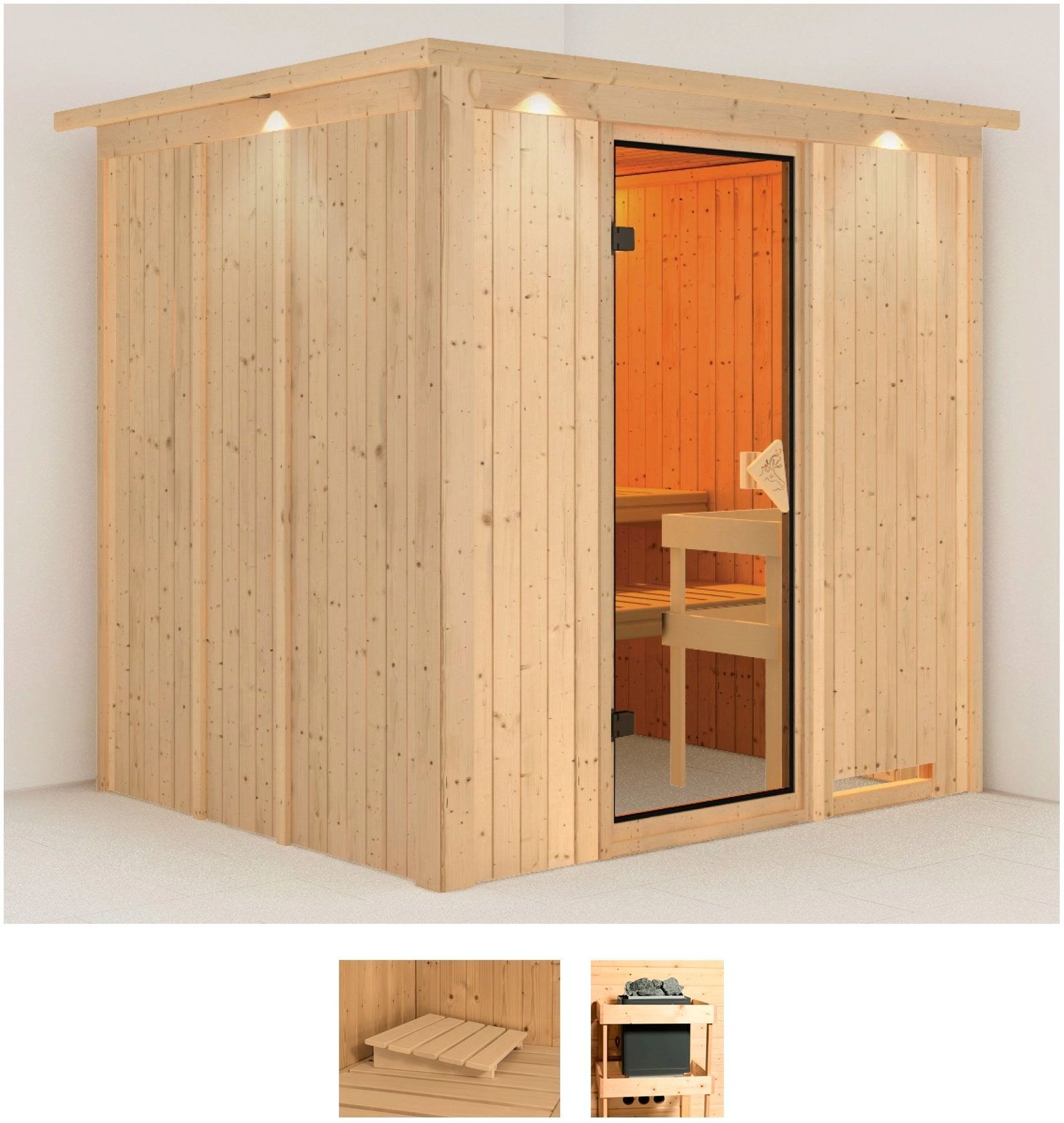 Sauna KARIBU "Dima", beige (naturbelassen), ohne Ofen, (ohne Ofen), Saunen, ohne Ofen