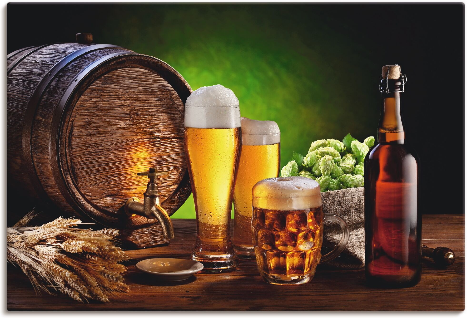 Wandbild ARTLAND "Bier Stillleben", braun (farbe bild(er): braun), B:90cm H:60cm, Bilder, Wandbild, als Alubild, Leinwandbild in verschied. Grössen farbe bild(er): braun B/H/T: 90cm x 60cm, Leinwandbild Getränke Querformat, 1 Stk.