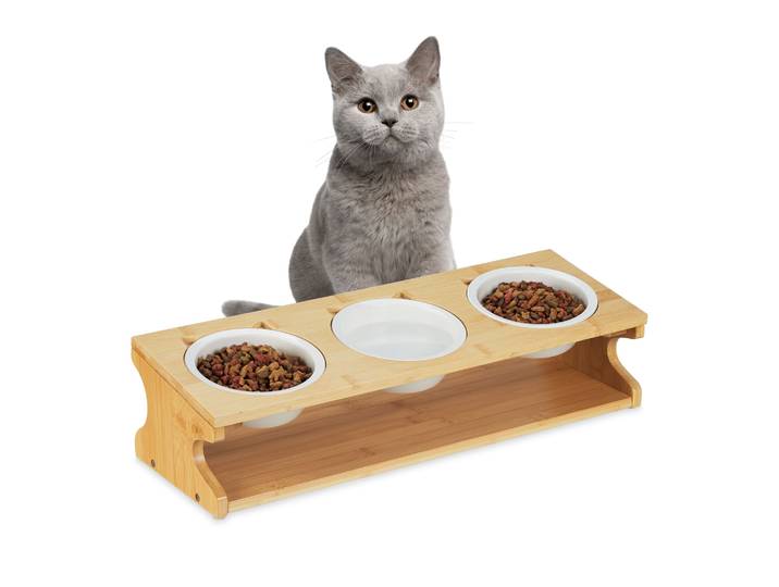 Katzen Futterstation mit 3 Näpfen Weiss-Hellbraun
