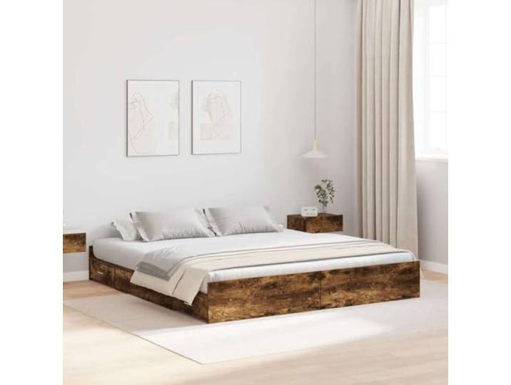 YUTAASU Bettgestell 200x200 Mit Stauraum Eiche Mit Tuer, Kiefernholz, Schubladen, Stabil, Modernes Design
