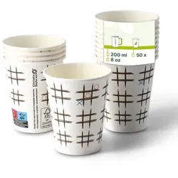 Green Box Pappbecher mit TicTacToe Aufdruck 50 Stück 200 ml / 8 oz, Ø 80 mm, weiß - Take away Kaffeebecher - PE Beschichtung - Einwegbecher für he