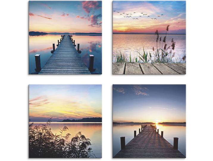 Leinwandbild ARTLAND Pier See Abendrot Schilf Sonnenstrahlen , blau (farbe bild(er): blau), B:30cm H:30cm, Leinwand, MDF, Bilder, Leinwandbild, 4er Set, verschiedene Grössen