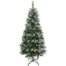 COSTWAY 180cm Kunstbaum mit roten Beeren & Zapfen, schneebedeckt, Metallständer, PVC-Nadeln, Klappsystem.