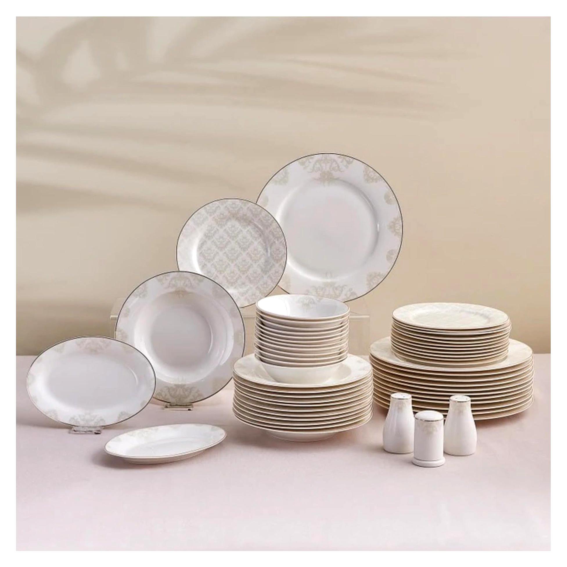 Elegance Bone Siena - 53-teiliges Geschirrset für 12 Personen, modernes Porzellan-Tellerset, Geschirrset mit Suppenschalen, Servierplatten, tiefen Tellern, Desserttellern - Weiß & Gold