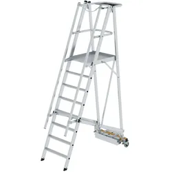 PROREGAL Plattformleiter klappbar mit schmalem Fahrwerk | 8 Stufen | inkl. beidseitigem Handlauf | Aluminium | nivello Leiterschuhe