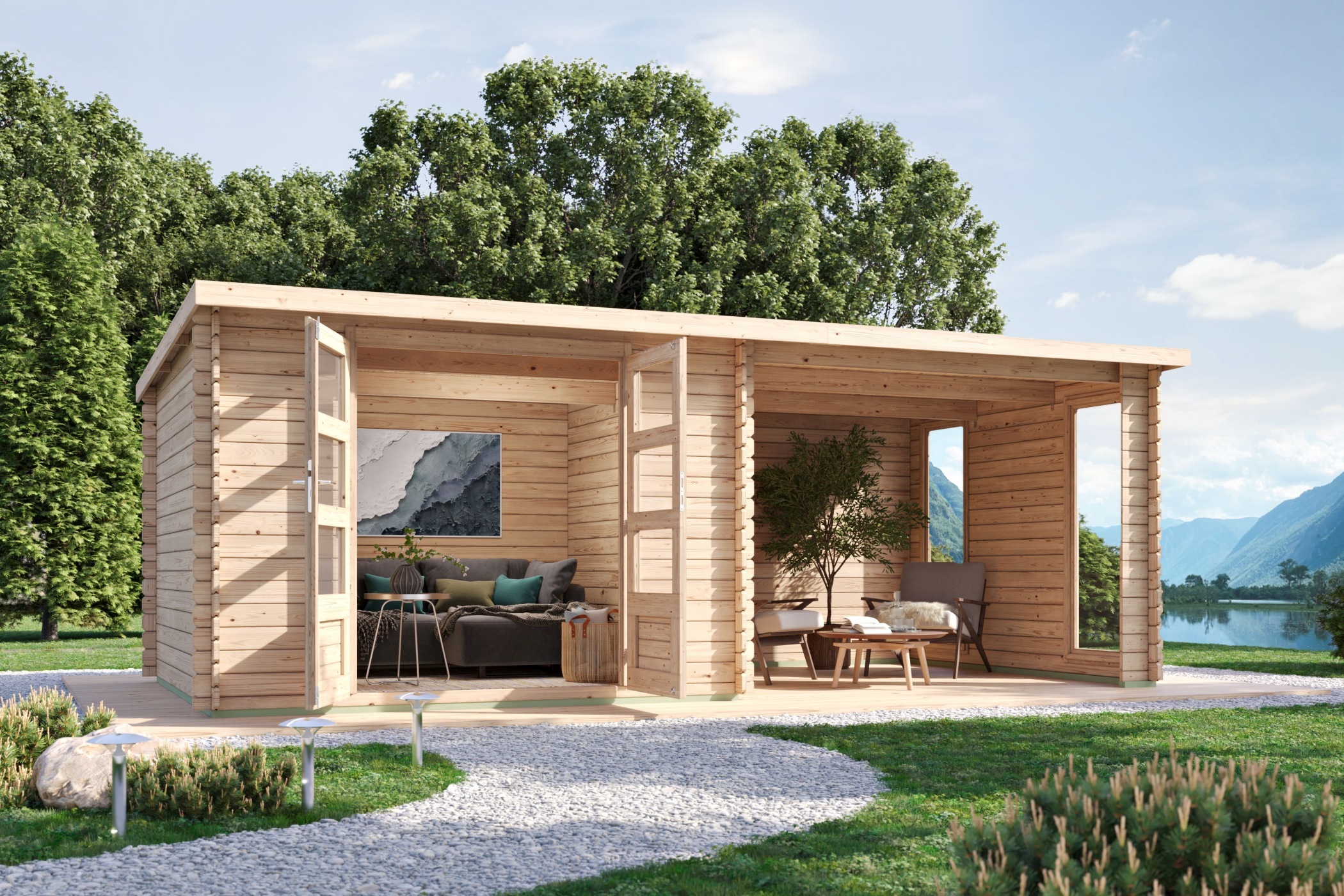 Karibu Gartenhaus Gerätehaus Blockhaus Enfield naturbelassen 574x297x205 cm mit Anbaudach mit Seitenwand und Rückwand inkl. Fenster