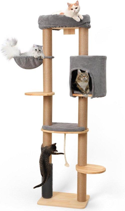 Klettergerüst 188 cm - Wandgestellte Katzenturm - Jute Krabbaufbau - Hängematte - Ex-Katzenstange - Katzenapartment - massiv Holz