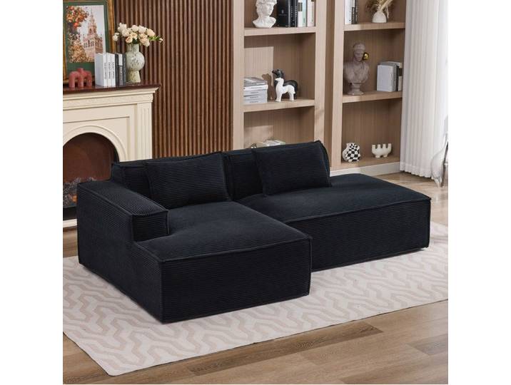 ROVRYN Canape d'angle fixe 2 places 235 cm noir en tissu polyester avec 2 coussins