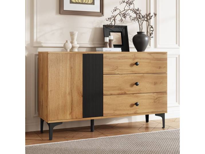 Buffet Bahut 120x35x76 cm LEMLIT Meuble de Rangement Effet Bois et Noir 1 Porte 3 Tiroirs Pieds en Métal Salon - Noir Bois
