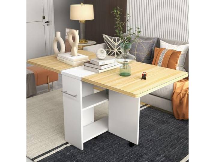 Koioplie Klappbarer Esstisch 130x80x75 cm, Faltbarer Tisch mit aufklappbarer Platte & Staufach, Moderner Küchentisch für Esszimmer, Wohnzimmer, Balkon, Hellholz Weiß