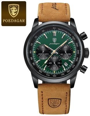Uplifted Finds Poedagar Top Brand Men Quartz Watch Waterproof Luminous Chronograph Leather black Green