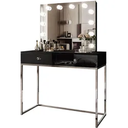 SCHMINKTISCH BLANCO GLAMOUR ELITE mit Spiegel und Beleuchtung Schwarz Hochglanz Kristallgriff