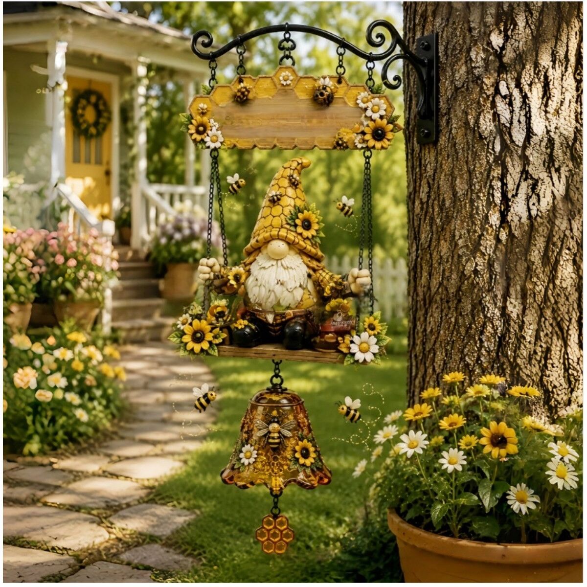 INF Cloche de bienvenue gnome suspendue - décoration abeille en alliage de zinc, 24cm x 18cm x 3cm