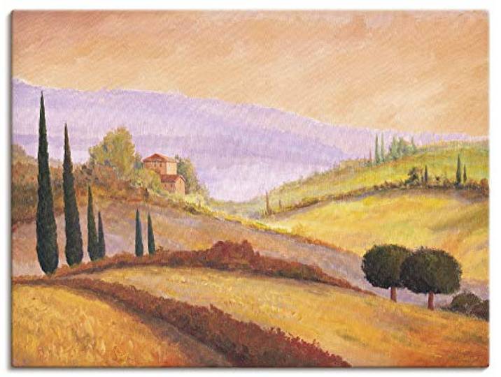 ARTLAND Wanddeko Leinwand Bilder Wandbild 80x60 cm Toskana Landschaft Italien Malerei Berge Felder Mediterran Orange Ocker T4NO
