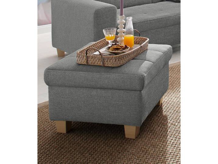 Hocker, Chenille & Naturleder, Hellgrau, 64×43 cm, Polsterhocker, Klassisch, Home-affaire
