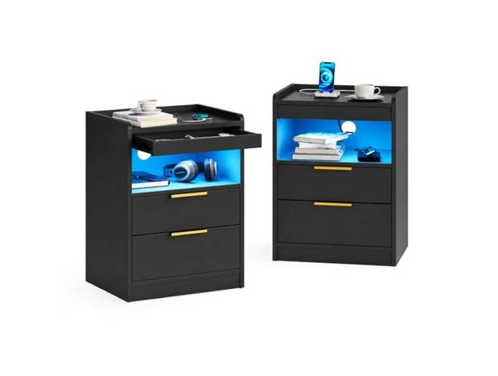 Mondeer Nachttisch 2er Set mit Ladefunktion, versteckter Schublade App-steuerbare LED-Beleuchtung Nachtschrank mit USB-Anschlüsse & Steckdosen zum Laden, 2 Schubladen für Schlafzimmer Büro