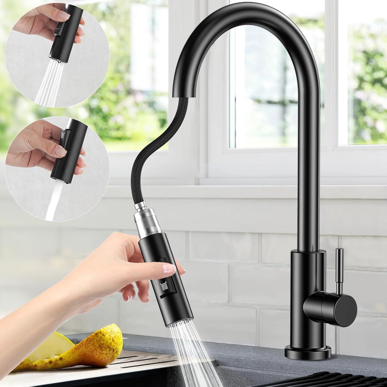 Ausziehbare Küchenarmatur, Schwarz - 360° drehbare Edelstahl-Spültischarmatur, Warm-/Kaltwasser G3/8"