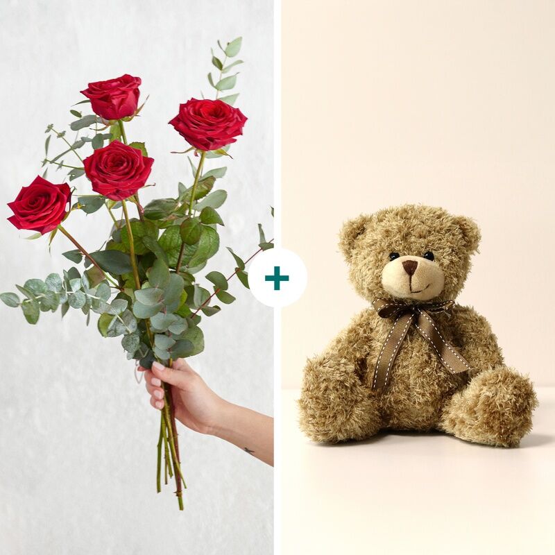 Bouquet tendresse et ourson en peluche- Interflora