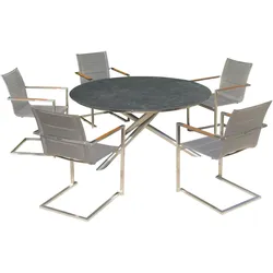OUTFLEXX Garten-Essgruppe, silber/grau, Edelstahl/Glaskeramik/Textilene/Teak, Tisch Ø150cm, 5 Freischwinger, padded