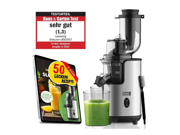 Lebenlang Slow Juicer Entsafter für Obst & Gemüse I Inkl. Rezeptbuch mit 50 Rezepten I, 200,00 W, I 2 Saftbehälter I Reinigungsbürste für einfache Säuberung I BPA-Frei