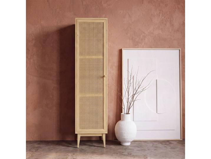 Cabinet de rangement en placage pin et rotin tressé, L45 cm