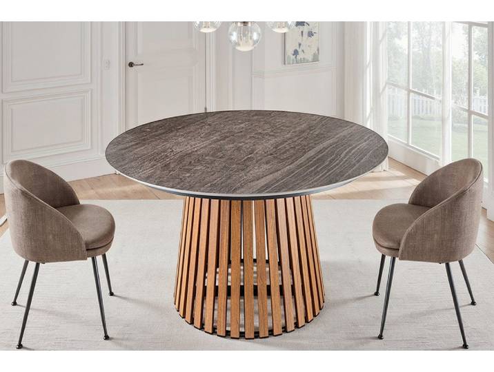 riess-ambiente Esstisch VALHALLA WOOD Ø115cm grau / braun · bis 6 Personen (Einzelartikel, 1-St), Keramik · rund · Indoor · Outdoor · Lamellen-Design · Japandi-Stil