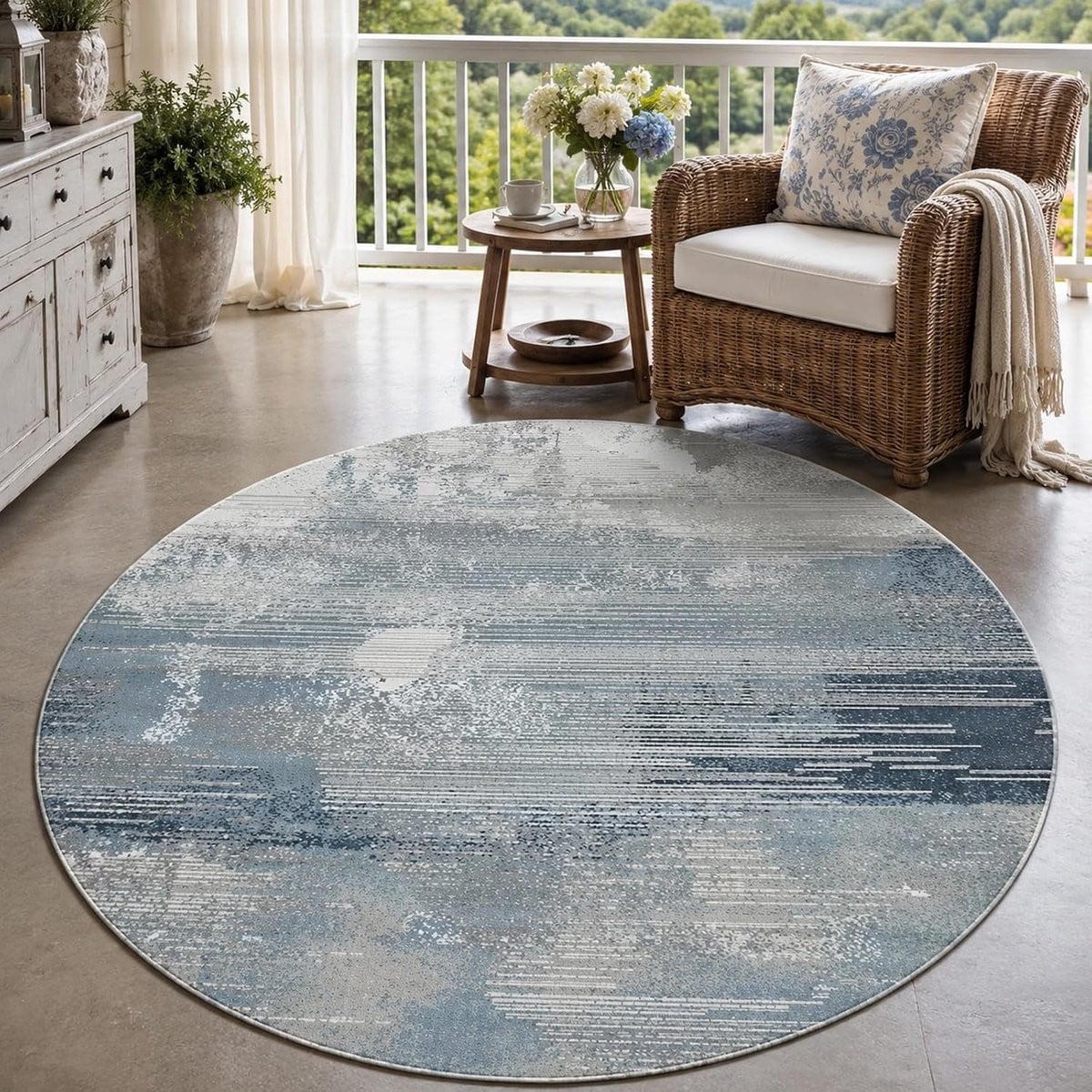Rond Abstract Vloerkleed - Blauw Grijs Wit - 160 cm
