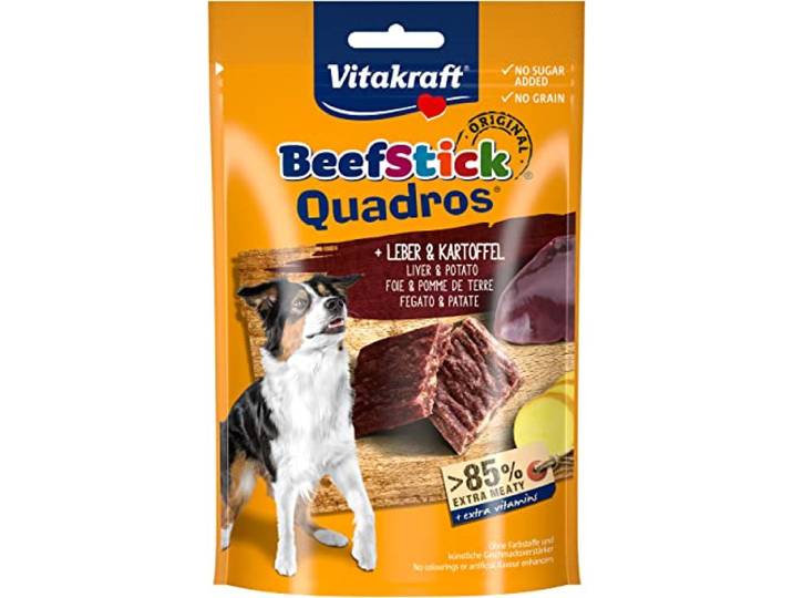 Vitakraft Beef Stick Quadros, Hondensnacks, Vleesstaafjes in ruitjes met aardappel en lever, traktaties voor hondentraining, zonder toegevoegde suiker (1x 70g)