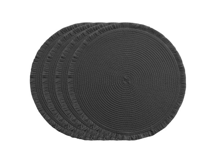Tischset mit Fransen rund 4er-Set, Platzdeckchen aus Polyester, schwarz, je 38 x 38 cm