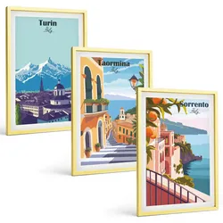 BILDER SET 3er Set - 40x60 cm Goldrahmen - Farbenfrohe Retro-Stadtansichten