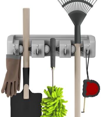 Shovel, Rake and Tool Holder with Hooks- Wall Mounted Organizer-Space Saving Racks by Stalwart (2 Pack)