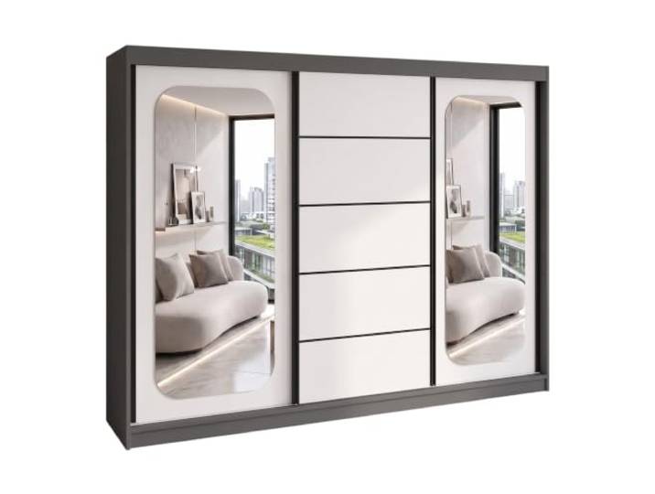 A&J MöbelLand BELANO Kleiderschrank mit Spiegel, Schwebetürenschrank 200 x 215 x 59,5 cm, 4 Schubladen, Kleiderstangen und Einlegeböden, Graphit/Weiß, Premium