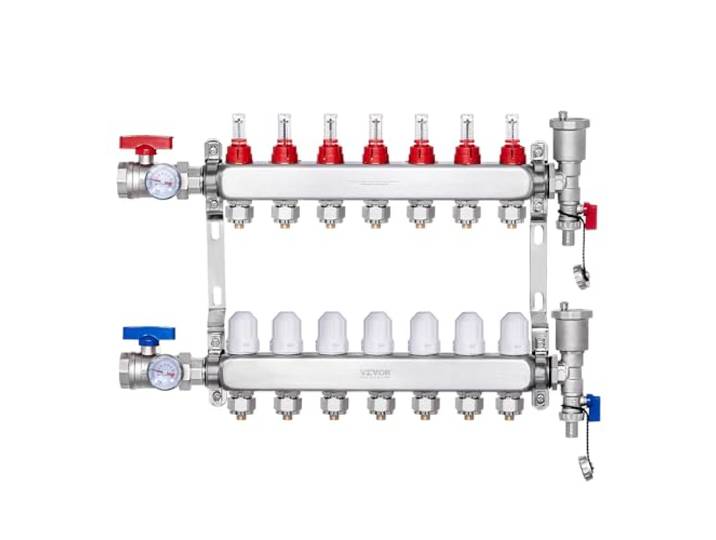 VEVOR Collecteur de Chauffage Radiant 7 Branches\, Kit Collecteur Tubes PEX 1\,27 cm en Acier Inoxydable\, avec Adaptateurs 1\,27 cm\, Accessoires de Montage\, pour Chaleur Radiante Hydronique par le Sol