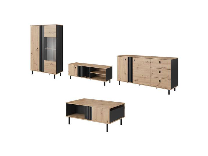 Feldmann-Wohnen Wohnzimmer-Set Madis sand grange eiche / anthrazit 4-teilig, Braun, Rechteckig,Rechteckig, 393.3x148.8x40 cm, Wohnzimmer, Wohnwände