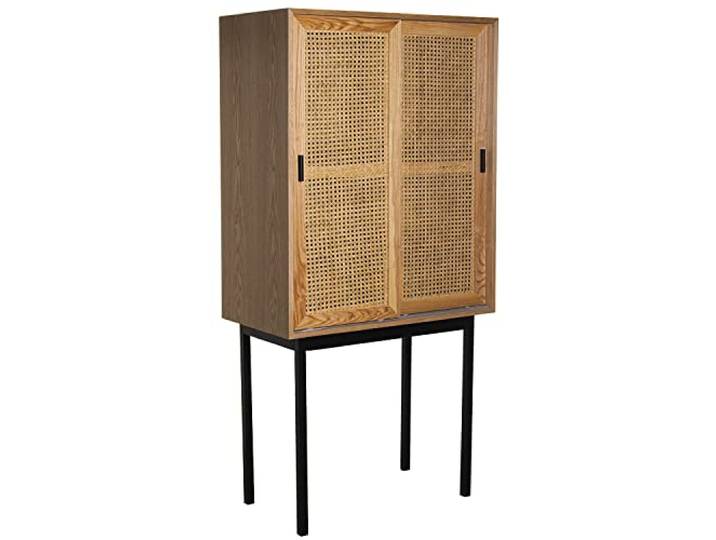DRW Sideboard mit 2 Schiebetüren aus MDF, Weide und Metall in Natur und Schwarz, 76 x 40 x 154 cm