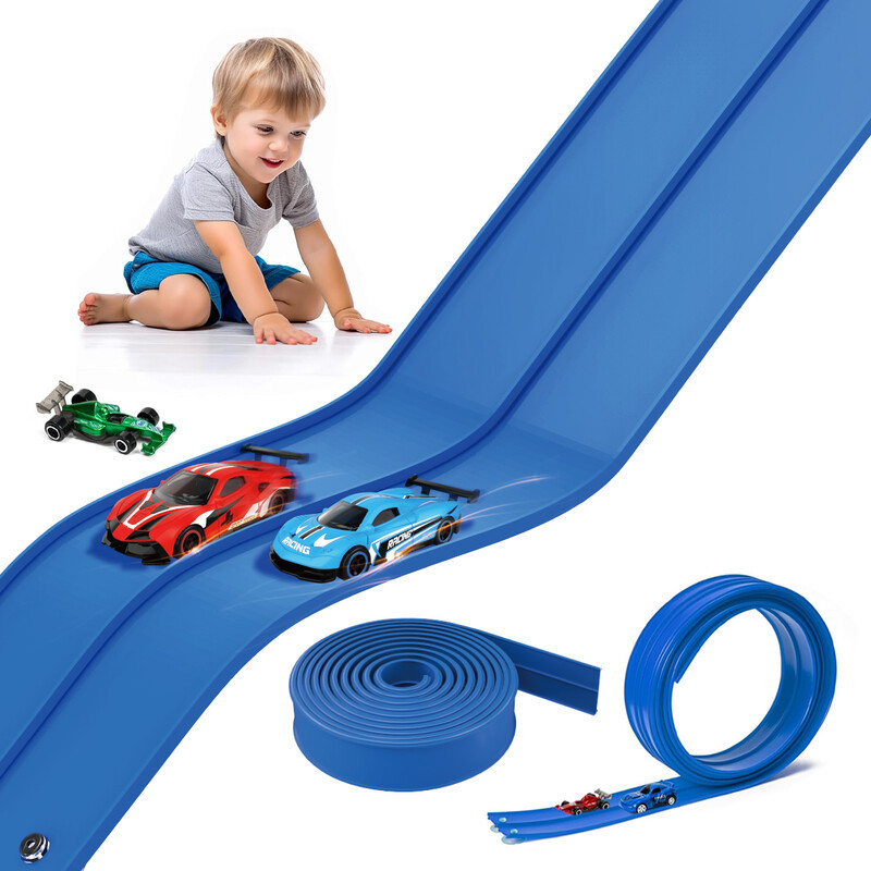UINLE Baby DIY Racebaan Speelgoed met Dubbele Baan, Zachte PVC Racebaan met 4 Mini Auto's en Sterke Zuignappen voor Creatief Binnen- en Buitenspel
