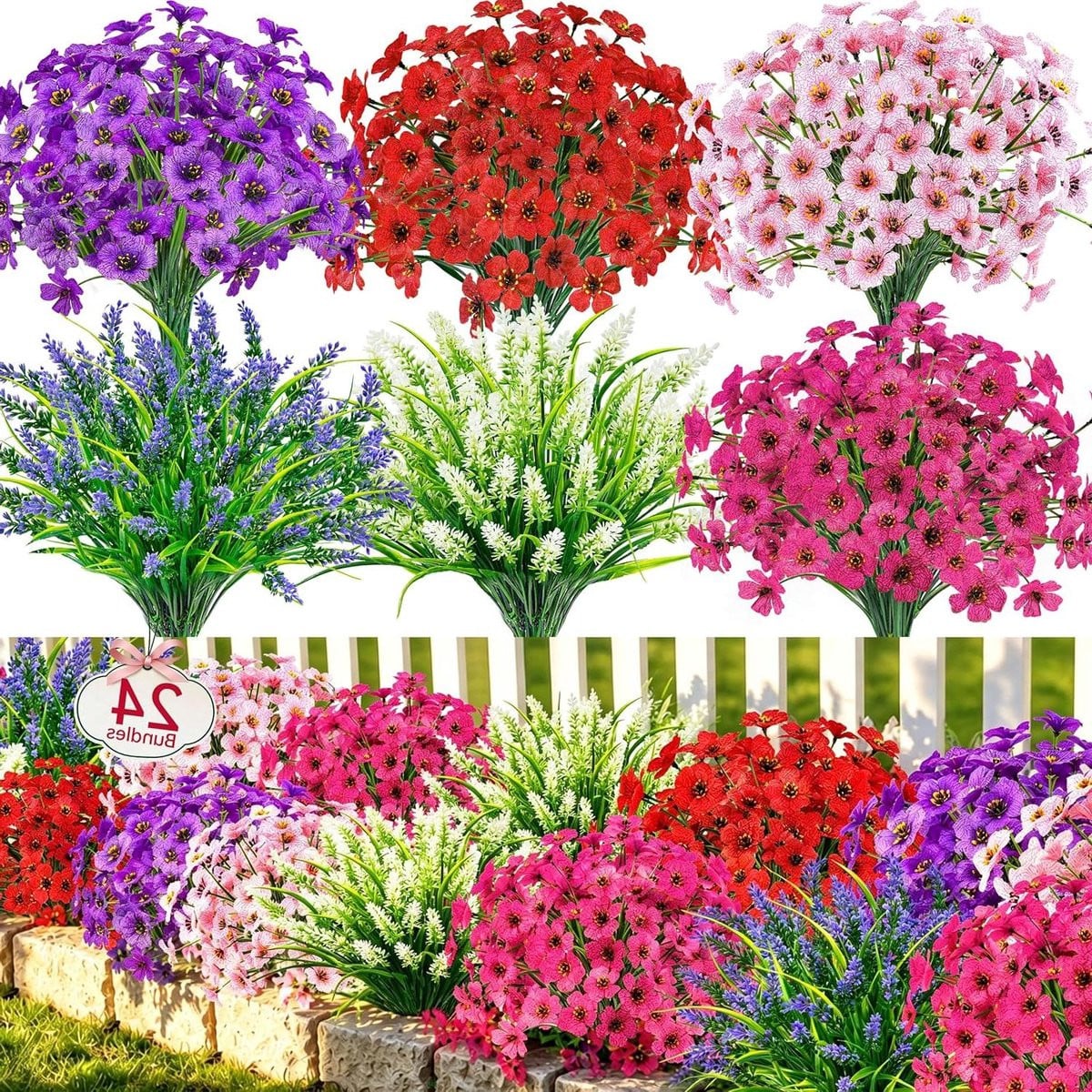 24 bundels meerkleurige UV-bestendige kunstbloemen voor buiten decoratie
