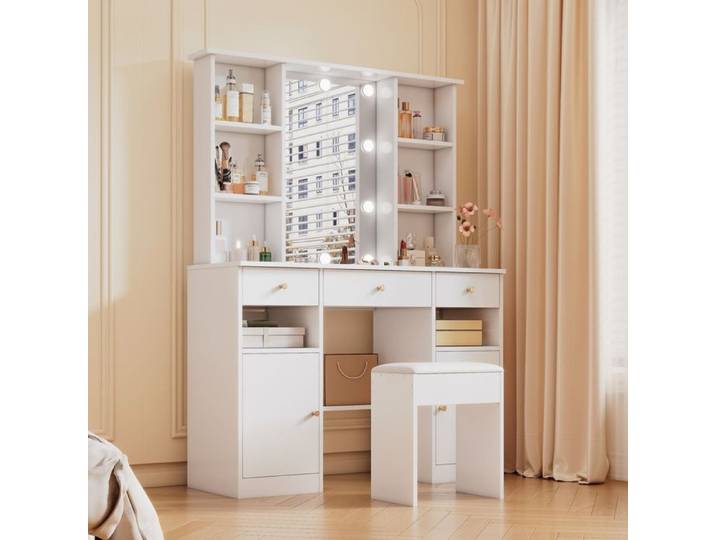 Grande Coiffeuse vec Miroir et Éclairage LED Table de Maquillage avec Tabouret Coiffeuse Moderne avec 3 Tiroirs et 2 Portes Blanc